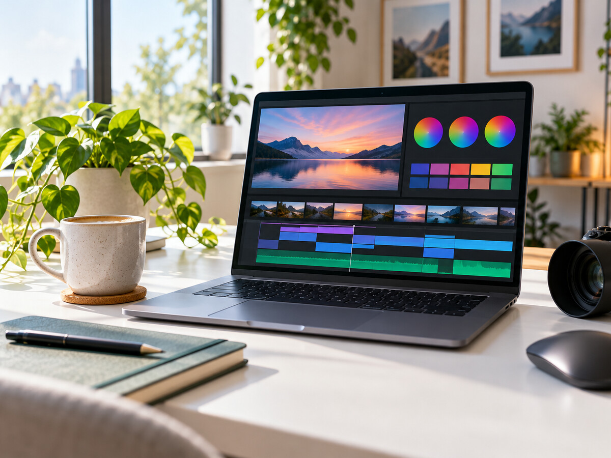 A bright editing desk with a laptop showing an abstract timeline.