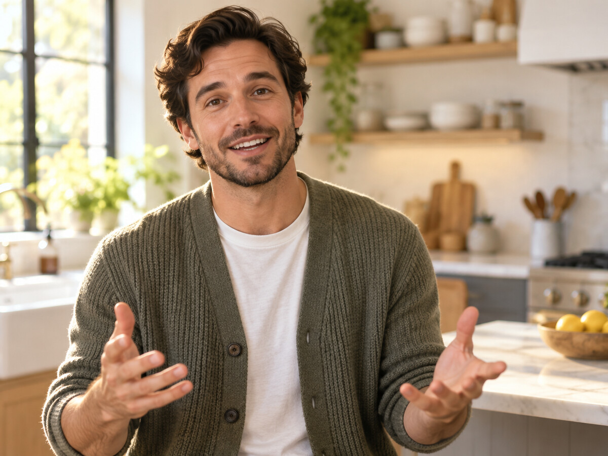 A speaker gesturing in a bright kitchen while narrating a script.