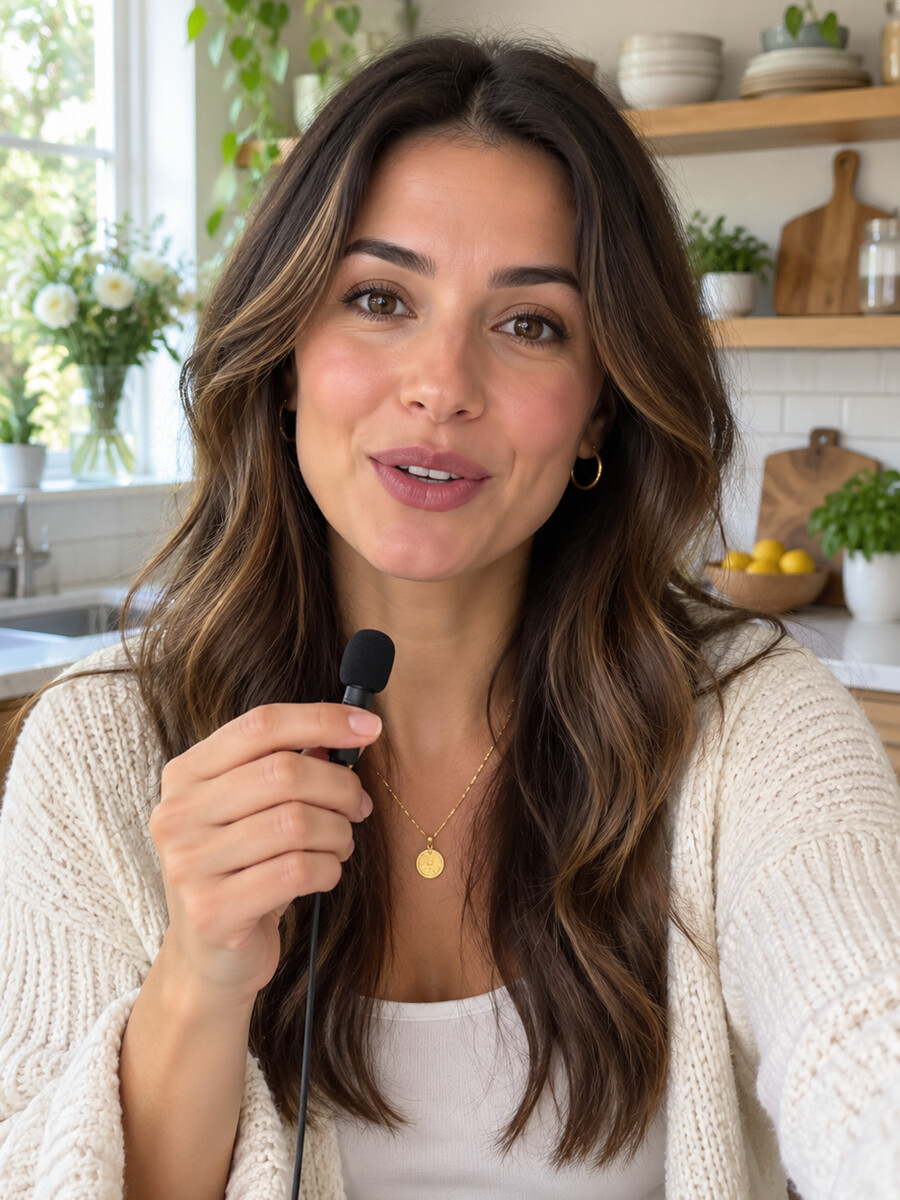 Creator holding a microphone in a bright kitchen while talking to camera.