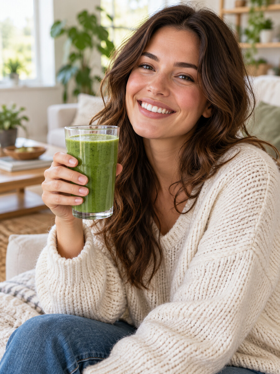 Smiling creator holding a product in a bright living room.